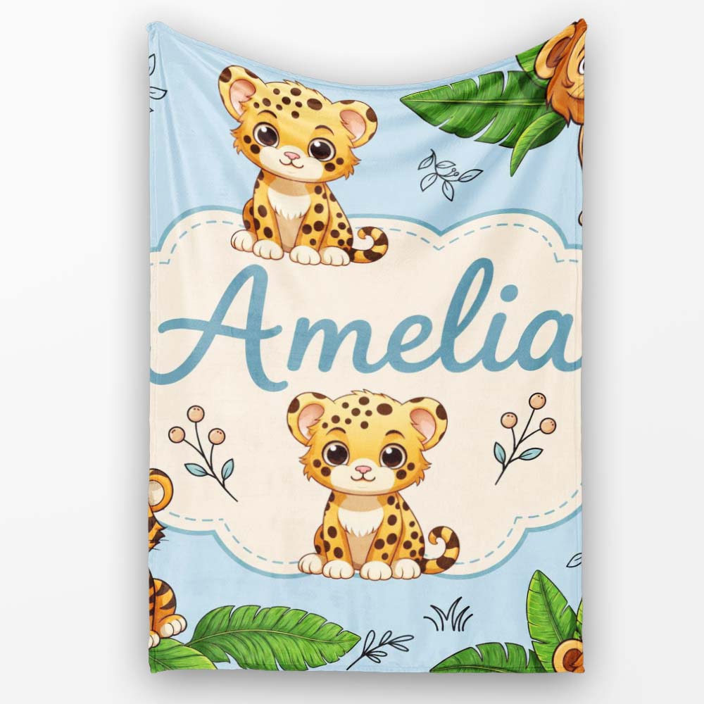 Cute Jungle Animals Lion Tiger Leopard Tropical Leaves Pattern Blue Personalised Custom Name Super Soft Fleece Blanket Bed Sofa Throw