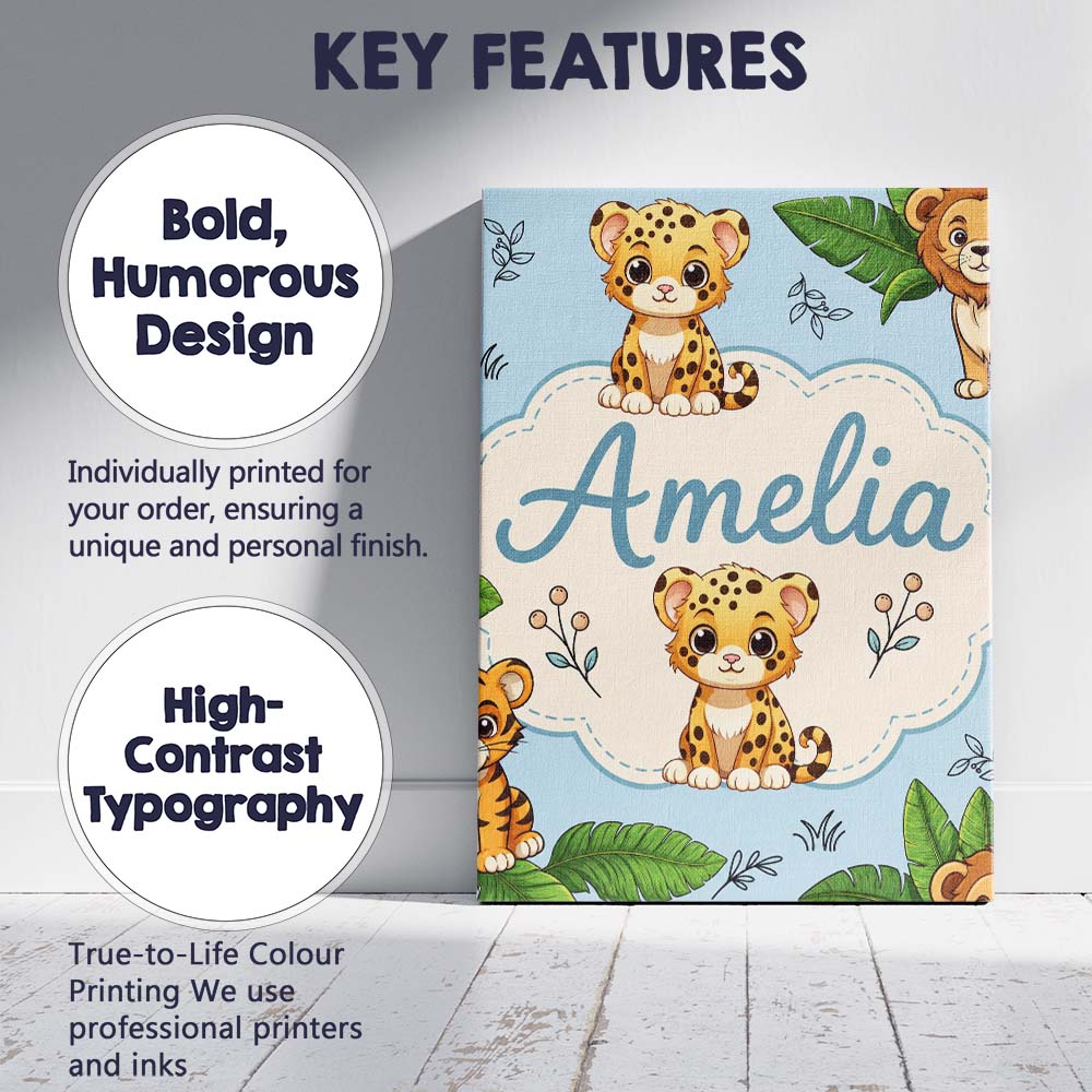 Personalised Name Cute Jungle Animals Lion Custom Unique Gift Idea Elegant Feature Canvas Wall Art Print Decor Picture Ready to Hang