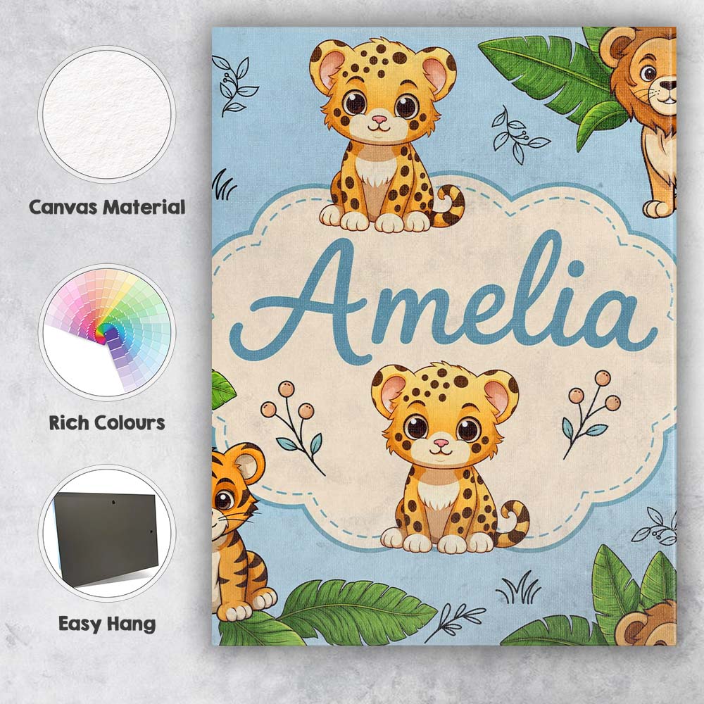 Personalised Name Cute Jungle Animals Lion Custom Unique Gift Idea Elegant Feature Canvas Wall Art Print Decor Picture Ready to Hang