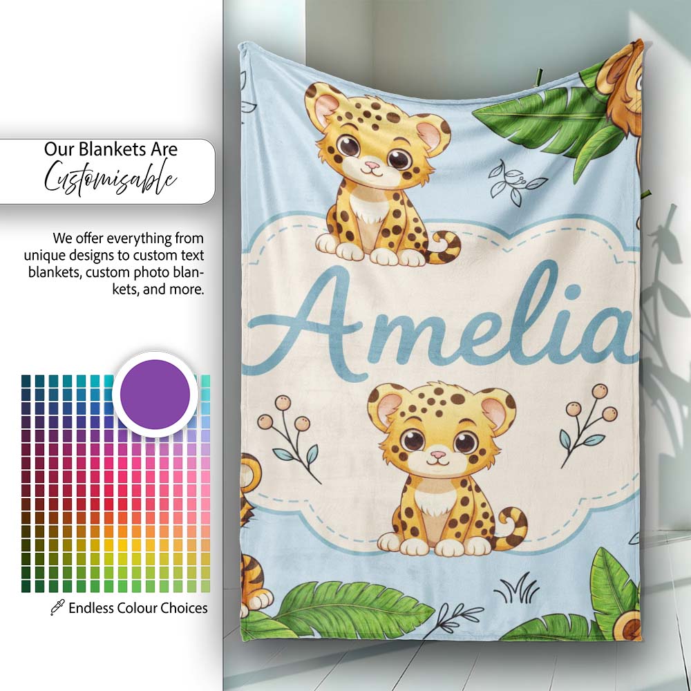 Cute Jungle Animals Lion Tiger Leopard Tropical Leaves Pattern Blue Personalised Custom Name Super Soft Fleece Blanket Bed Sofa Throw