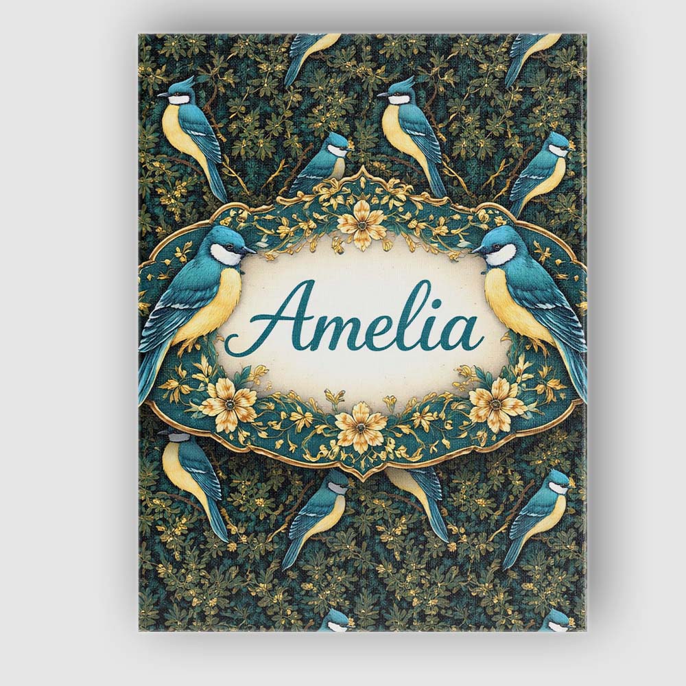 Personalised Name Teal Yellow Songbird Forest Leaves Seamless Dark Custom Unique Canvas Wall Art Print Decor Picture Ready to Hang