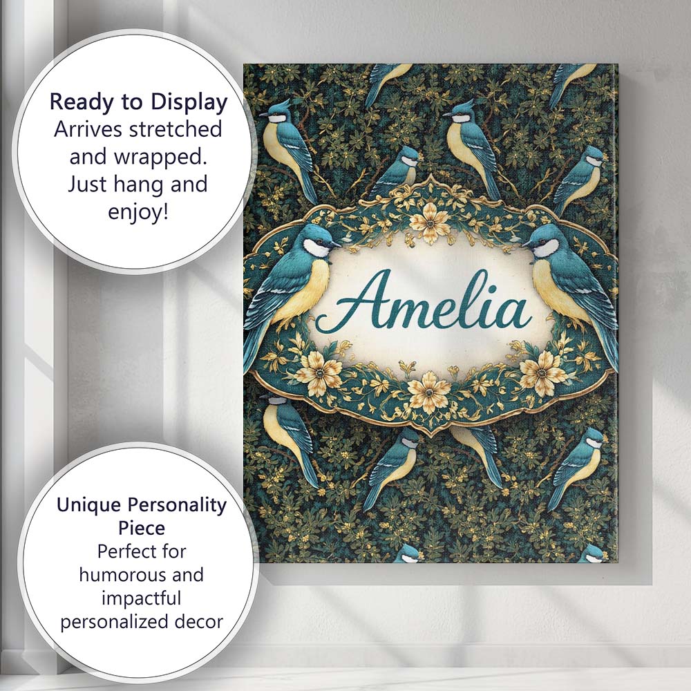 Personalised Name Teal Yellow Songbird Forest Leaves Seamless Dark Custom Unique Canvas Wall Art Print Decor Picture Ready to Hang