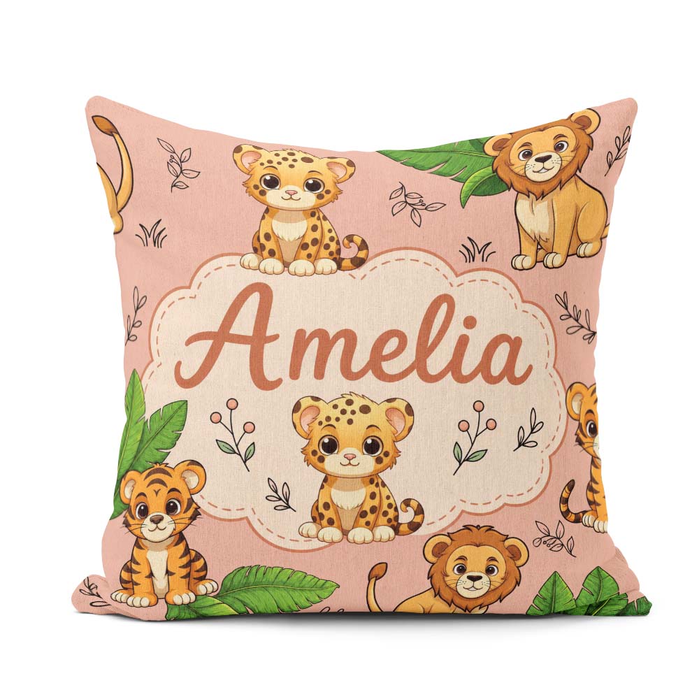 Custom Name Cute Jungle Animals Lion Tiger Tropical Leaves Peach Square Filled Cushion Throw Pillow Sofa Bed Home Decor Zip Washable UK Made