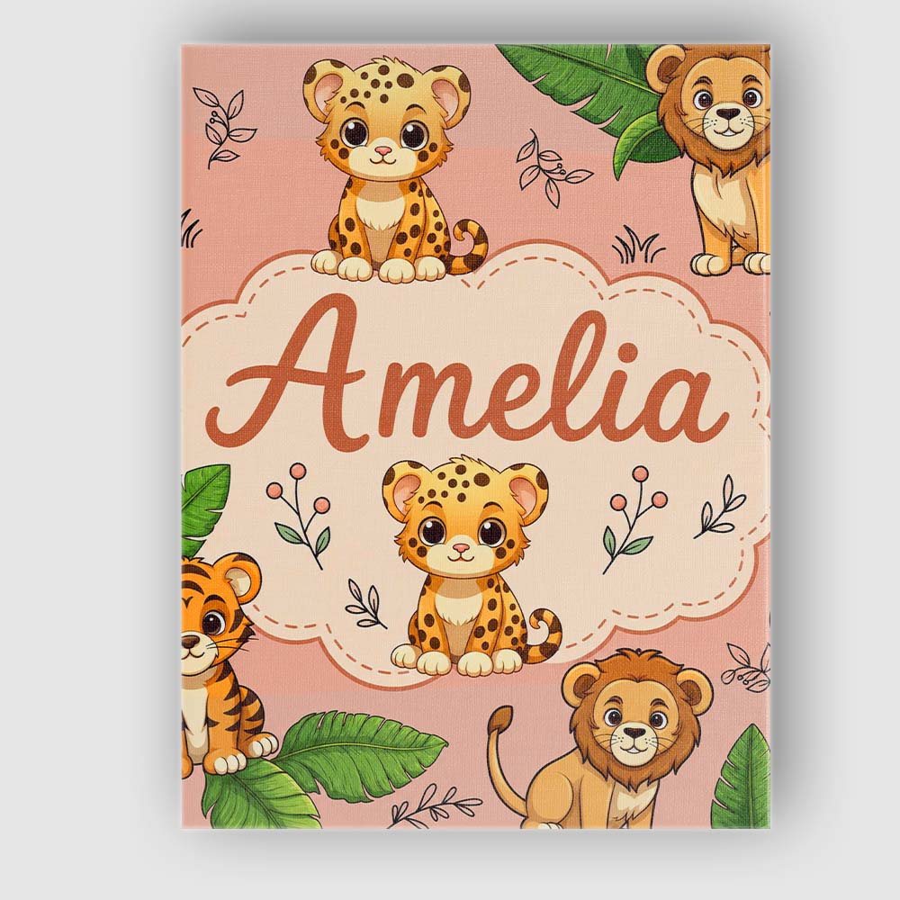 Personalised Name Cute Jungle Animals Lion Custom Unique Gift Idea Elegant Feature Canvas Wall Art Print Decor Picture Ready to Hang