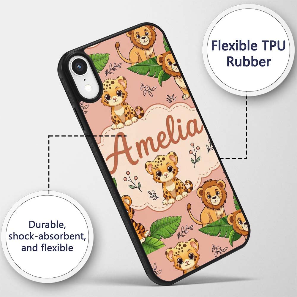 Cute Jungle Animals Lion Tiger Leopard Tropical Custom Name Protective Phone Case Mobile Cover Durable Everyday Smartphone Shock Resistant