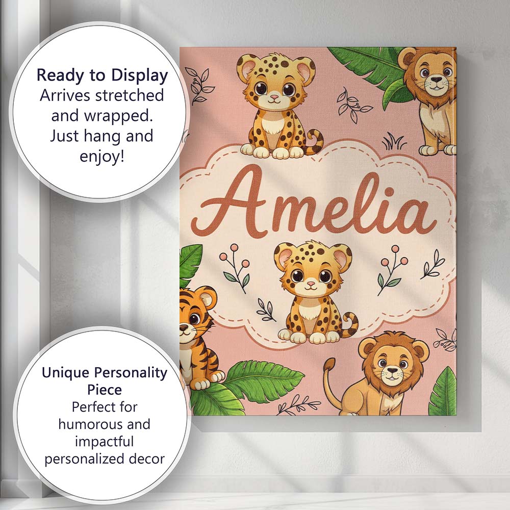 Personalised Name Cute Jungle Animals Lion Custom Unique Gift Idea Elegant Feature Canvas Wall Art Print Decor Picture Ready to Hang