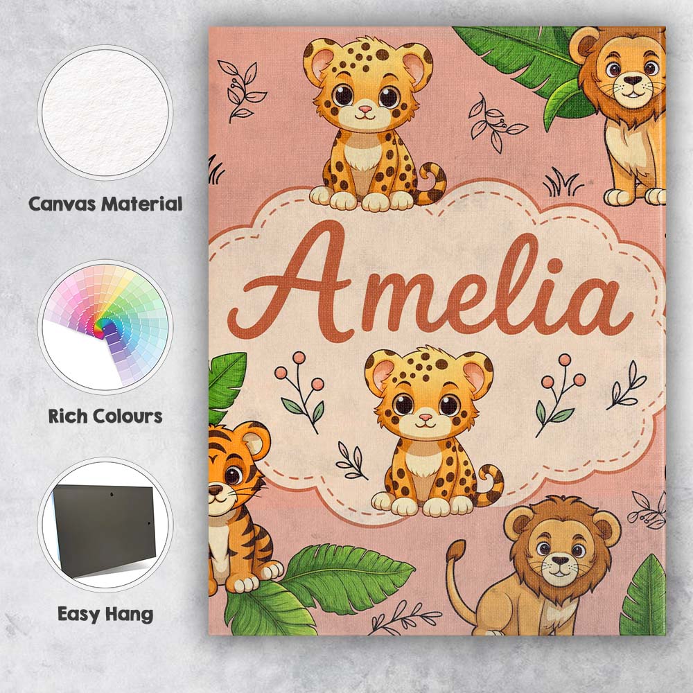 Personalised Name Cute Jungle Animals Lion Custom Unique Gift Idea Elegant Feature Canvas Wall Art Print Decor Picture Ready to Hang