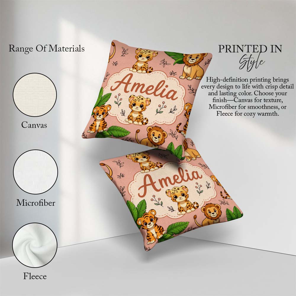 Custom Name Cute Jungle Animals Lion Tiger Tropical Leaves Peach Square Filled Cushion Throw Pillow Sofa Bed Home Decor Zip Washable UK Made