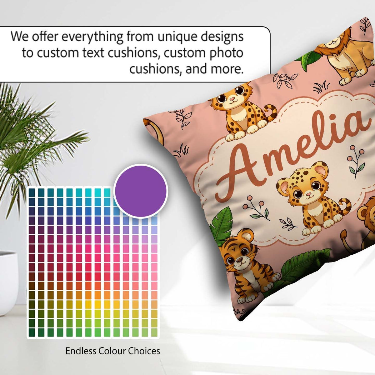Custom Name Cute Jungle Animals Lion Tiger Tropical Leaves Peach Square Filled Cushion Throw Pillow Sofa Bed Home Decor Zip Washable UK Made