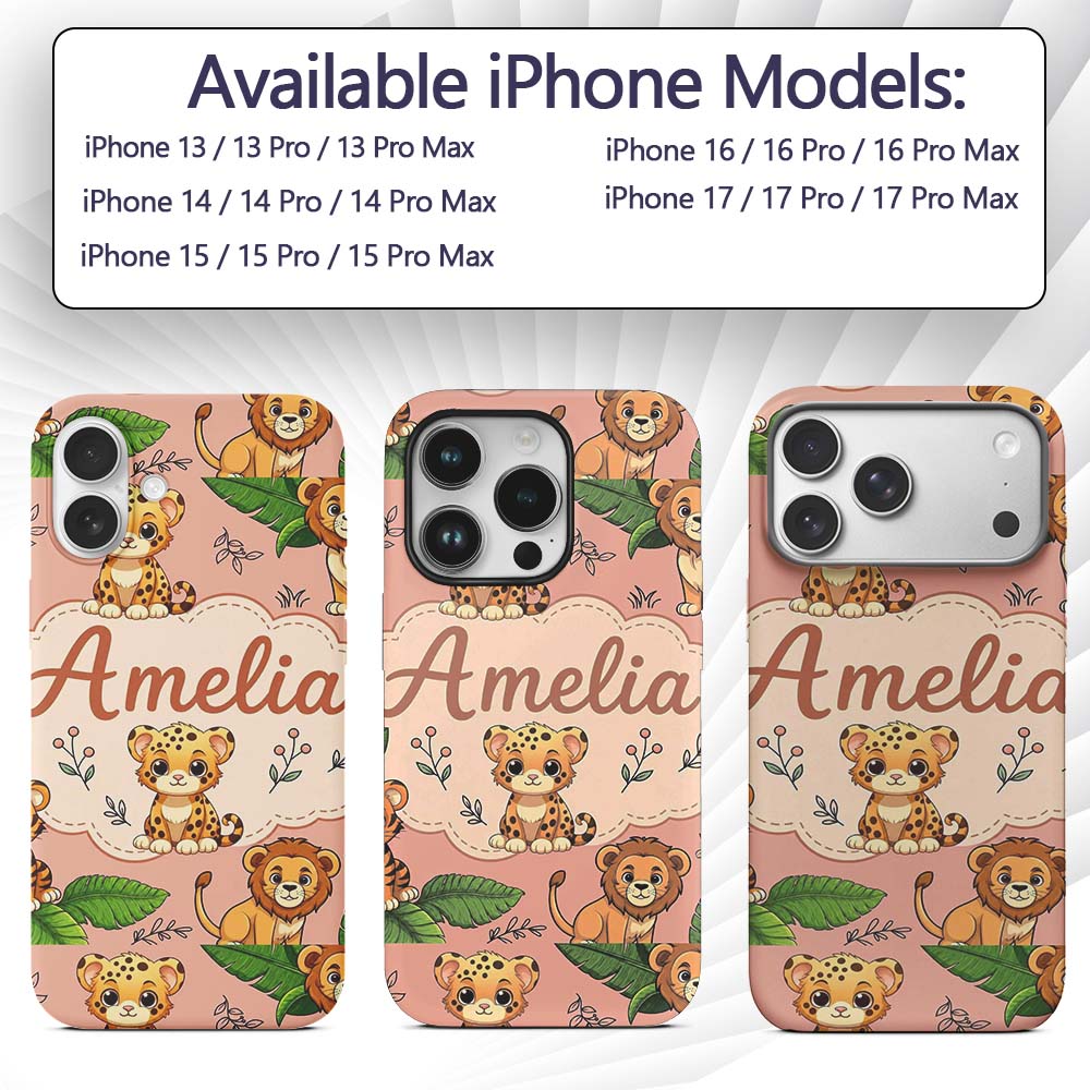 Cute Jungle Animals Lion Tiger Leopard Tropical Custom Name Protective Phone Case Mobile Cover Durable Everyday Smartphone Shock Resistant