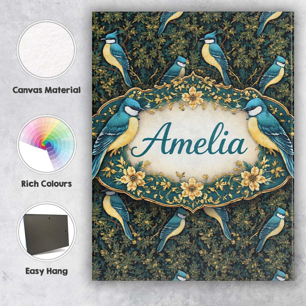 Personalised Name Teal Yellow Songbird Forest Leaves Seamless Dark Custom Unique Canvas Wall Art Print Decor Picture Ready to Hang
