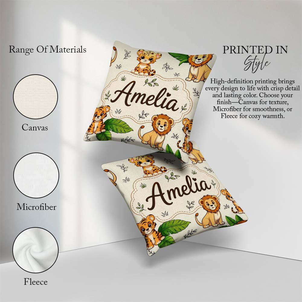 Custom Name Cute Jungle Animals Lion Tiger Tropical Leaves Cream Square Filled Cushion Throw Pillow Sofa Bed Home Decor Zip Washable UK Made