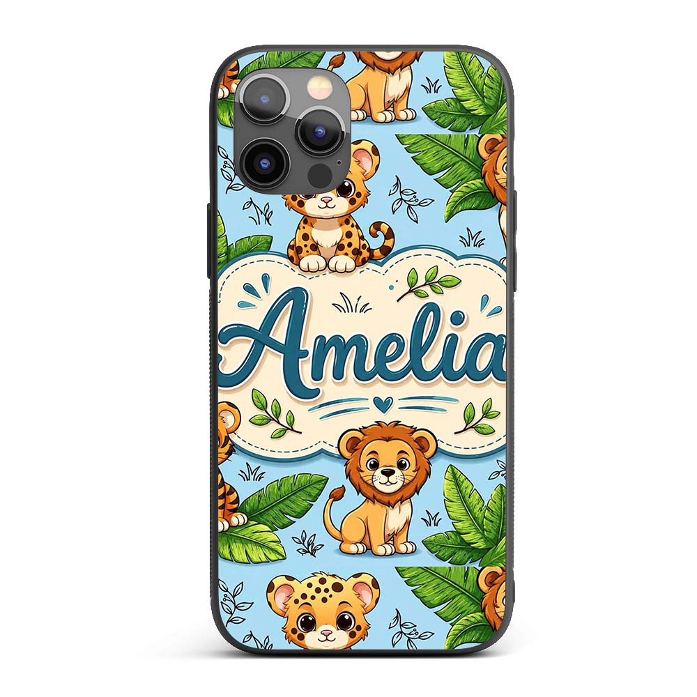 Cute Jungle Animals Lion Tiger Leopard Tropical Custom Name Protective Phone Case Mobile Cover Durable Everyday Smartphone Shock Resistant