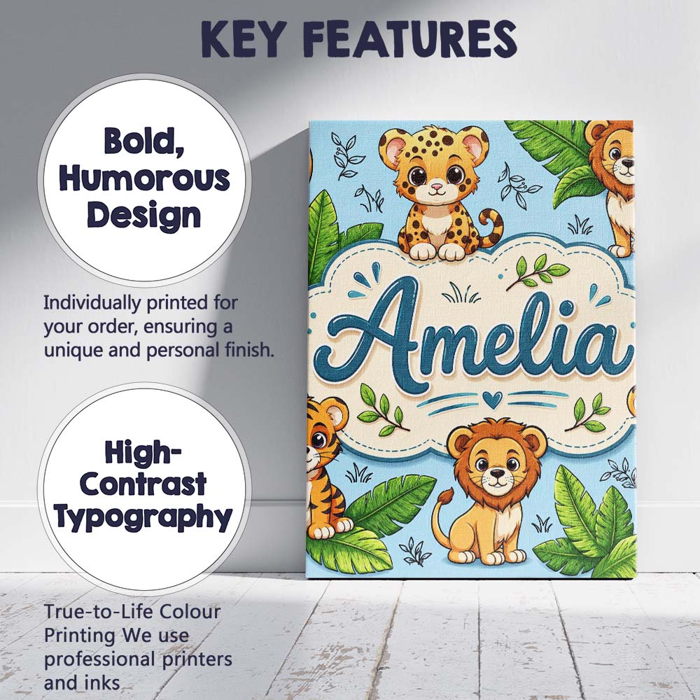 Personalised Name Cute Jungle Animals Lion Custom Unique Gift Idea Elegant Feature Canvas Wall Art Print Decor Picture Ready to Hang