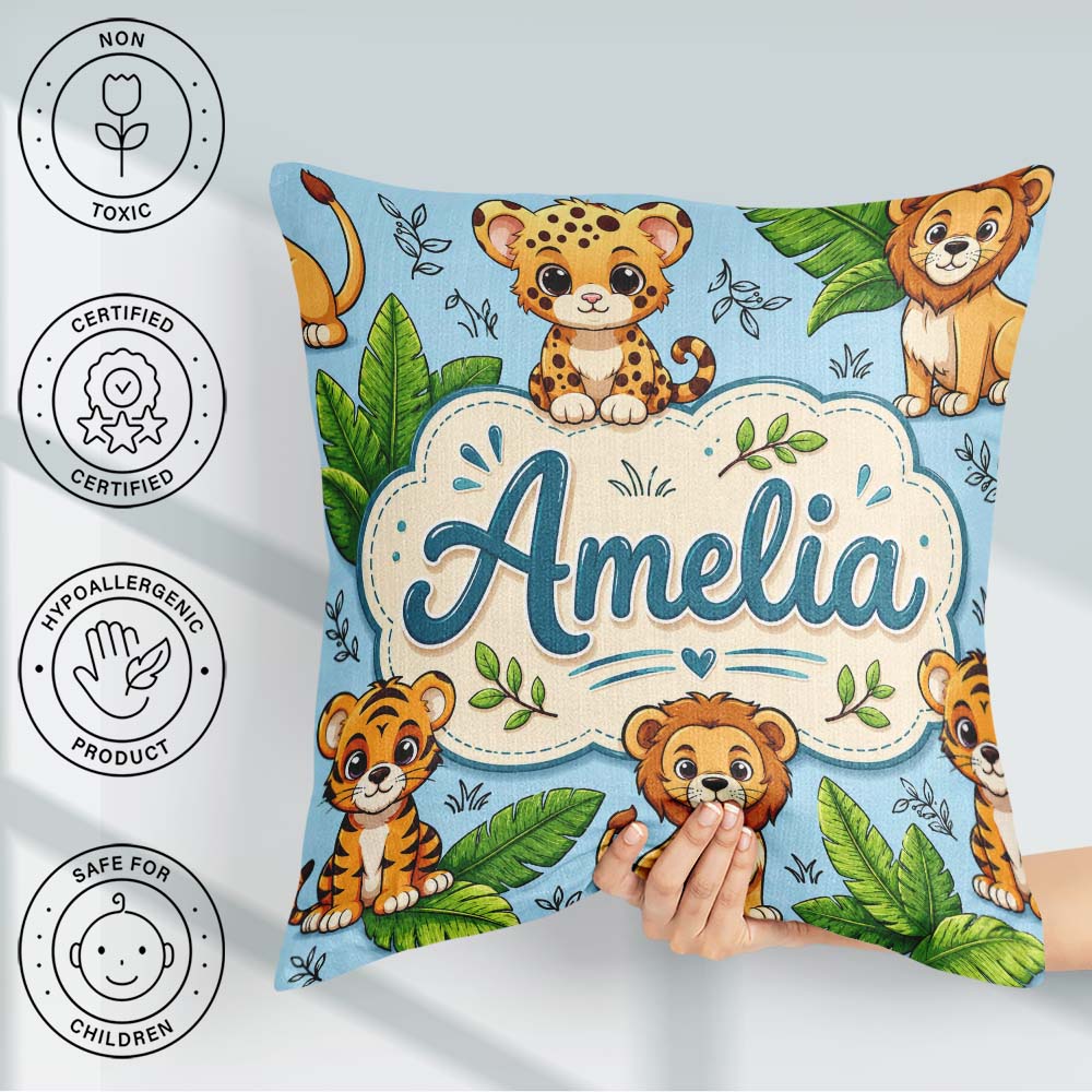Custom Name Jungle Animals Lion Tiger Tropical Leaves Mint Green Square Filled Cushion Throw Pillow Sofa Bed Home Decor Zip Washable UK Made