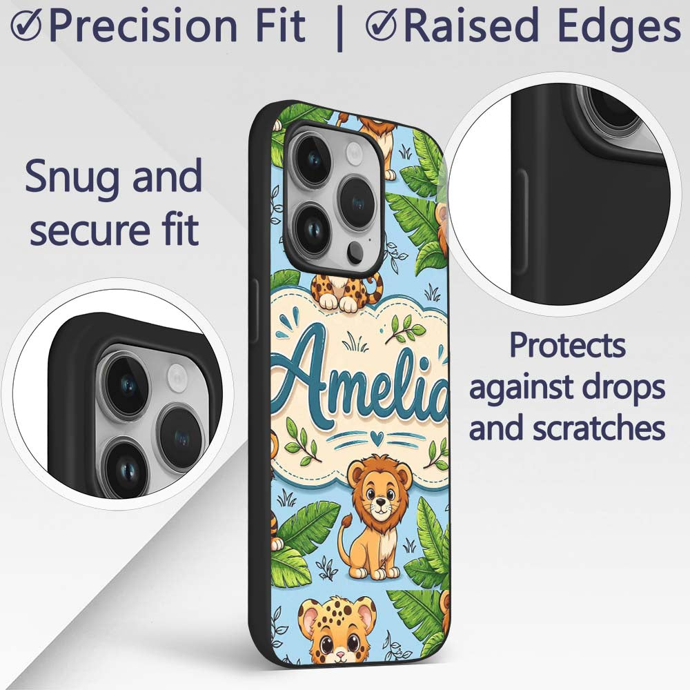 Cute Jungle Animals Lion Tiger Leopard Tropical Custom Name Protective Phone Case Mobile Cover Durable Everyday Smartphone Shock Resistant
