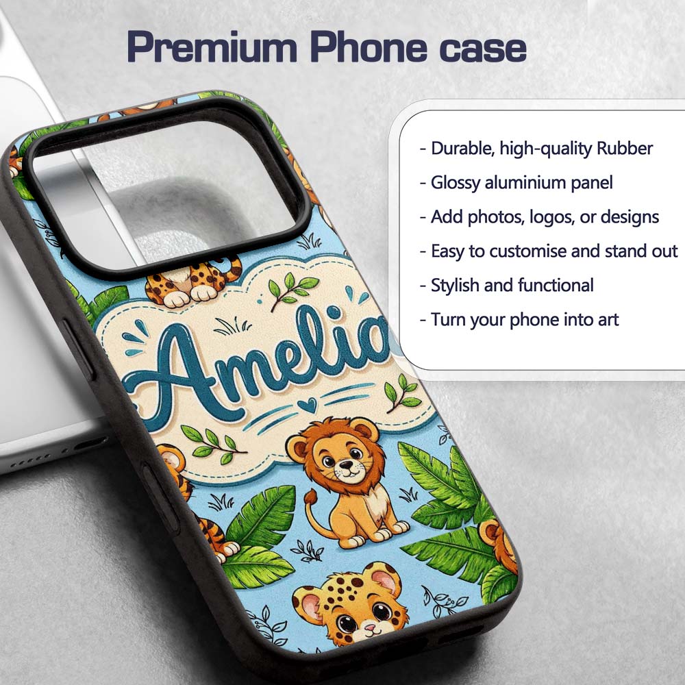 Cute Jungle Animals Lion Tiger Leopard Tropical Custom Name Protective Phone Case Mobile Cover Durable Everyday Smartphone Shock Resistant