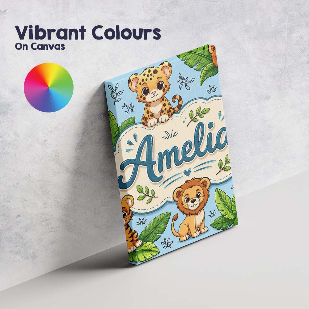 Personalised Name Cute Jungle Animals Lion Custom Unique Gift Idea Elegant Feature Canvas Wall Art Print Decor Picture Ready to Hang