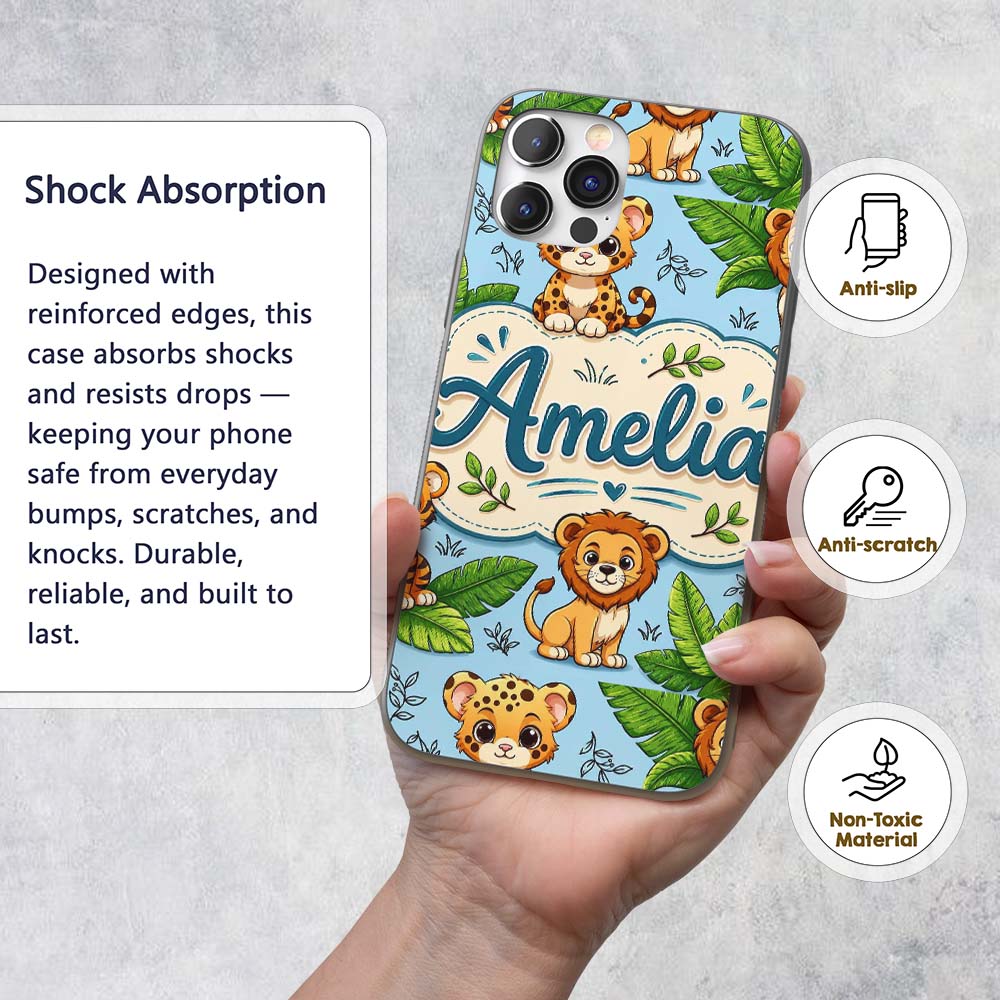 Cute Jungle Animals Lion Tiger Leopard Tropical Custom Name Protective Phone Case Mobile Cover Durable Everyday Smartphone Shock Resistant