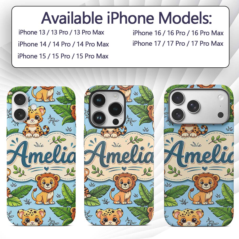 Cute Jungle Animals Lion Tiger Leopard Tropical Custom Name Protective Phone Case Mobile Cover Durable Everyday Smartphone Shock Resistant