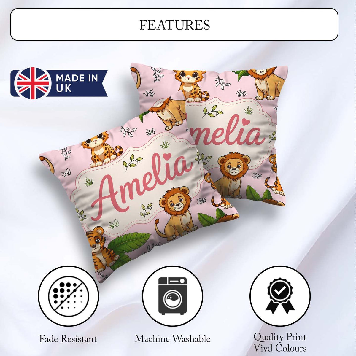 Custom Name Jungle Animals Lion Tiger Tropical Leaves Blush Pink Square Filled Cushion Throw Pillow Sofa Bed Home Decor Zip Washable UK Made
