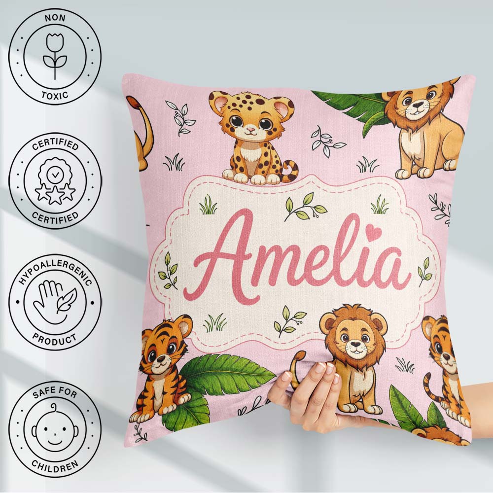 Custom Name Jungle Animals Lion Tiger Tropical Leaves Blush Pink Square Filled Cushion Throw Pillow Sofa Bed Home Decor Zip Washable UK Made