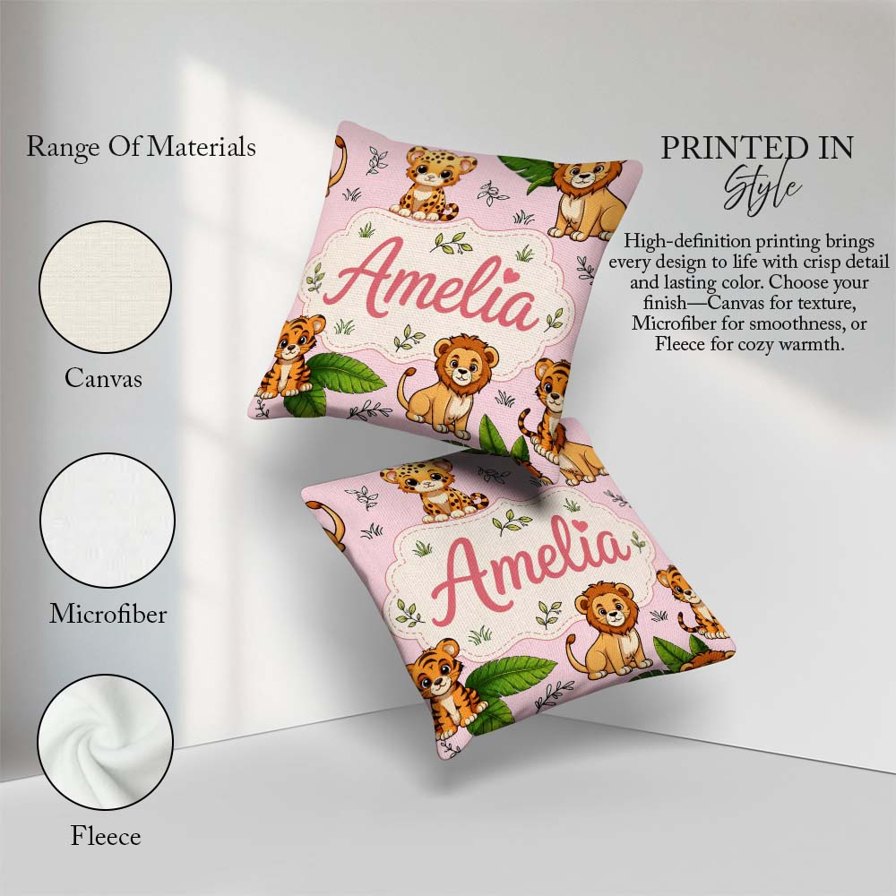 Custom Name Jungle Animals Lion Tiger Tropical Leaves Blush Pink Square Filled Cushion Throw Pillow Sofa Bed Home Decor Zip Washable UK Made