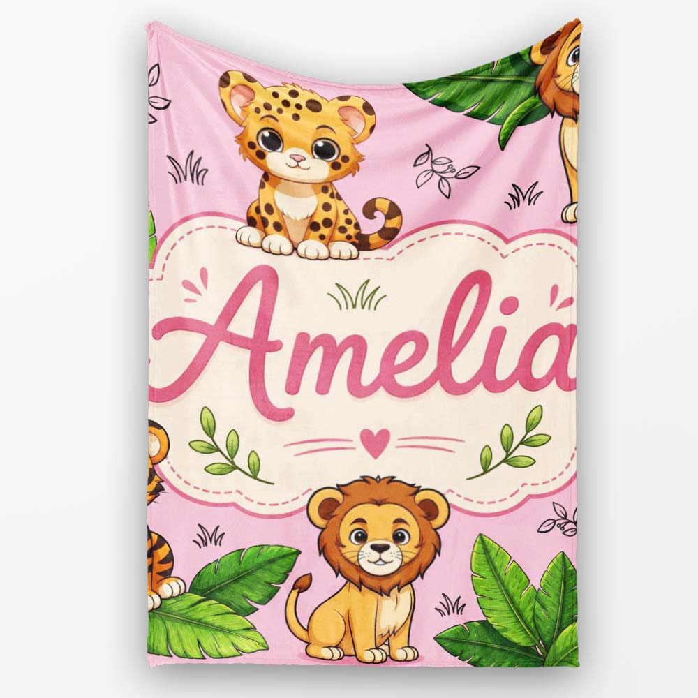 Cute Jungle Animals Lion Tiger Leopard Tropical Leaves Soft Pink Personalised Custom Name Super Soft Fleece Blanket Bed Sofa Throw