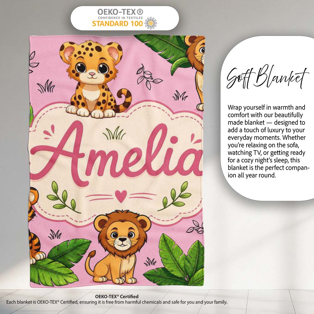 Cute Jungle Animals Lion Tiger Leopard Tropical Leaves Soft Pink Personalised Custom Name Super Soft Fleece Blanket Bed Sofa Throw