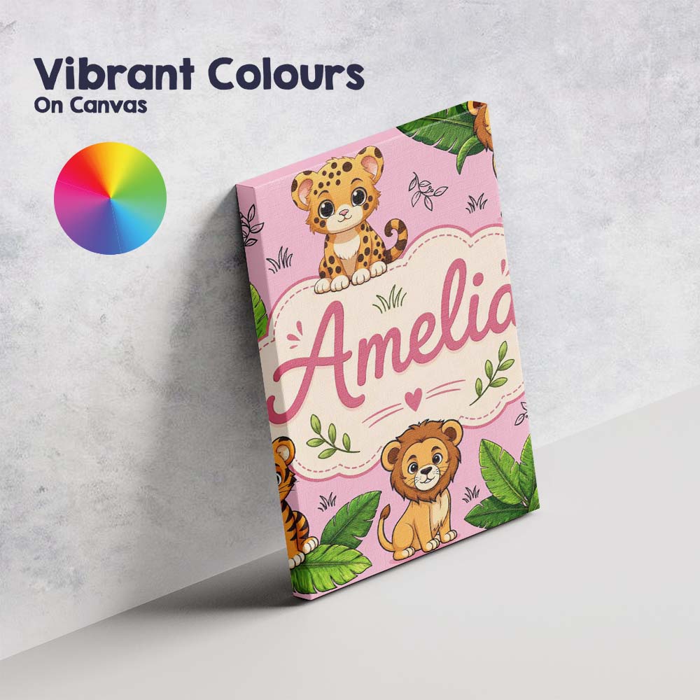Personalised Name Cute Jungle Animals Lion Custom Unique Gift Idea Elegant Feature Canvas Wall Art Print Decor Picture Ready to Hang