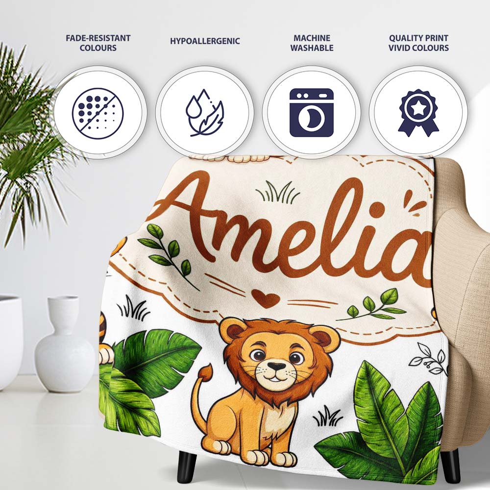 Cute Jungle Animals Lion Tiger Leopard Tropical Leaves Light Grey Personalised Custom Name Super Soft Fleece Blanket Bed Sofa Throw