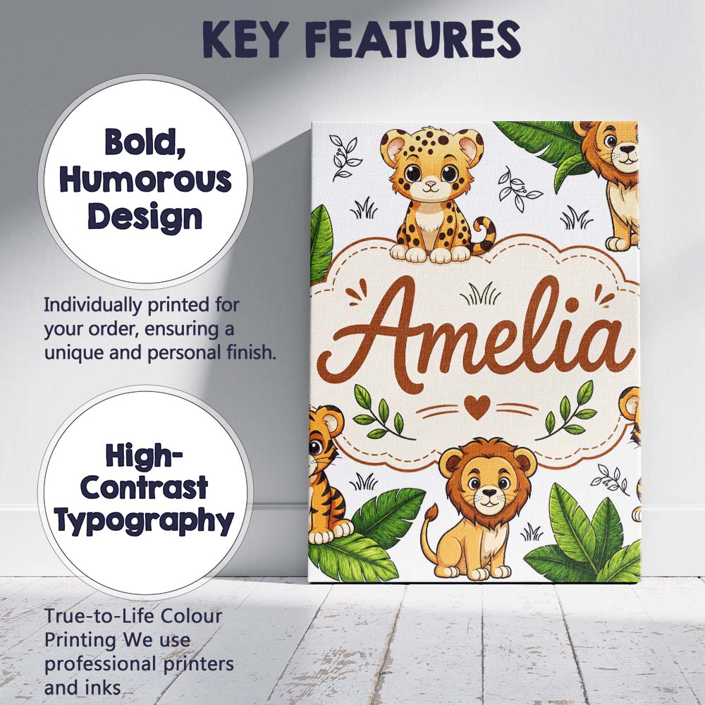 Personalised Name Cute Jungle Animals Lion Custom Unique Gift Idea Elegant Feature Canvas Wall Art Print Decor Picture Ready to Hang