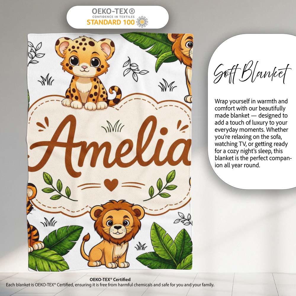 Cute Jungle Animals Lion Tiger Leopard Tropical Leaves Light Grey Personalised Custom Name Super Soft Fleece Blanket Bed Sofa Throw