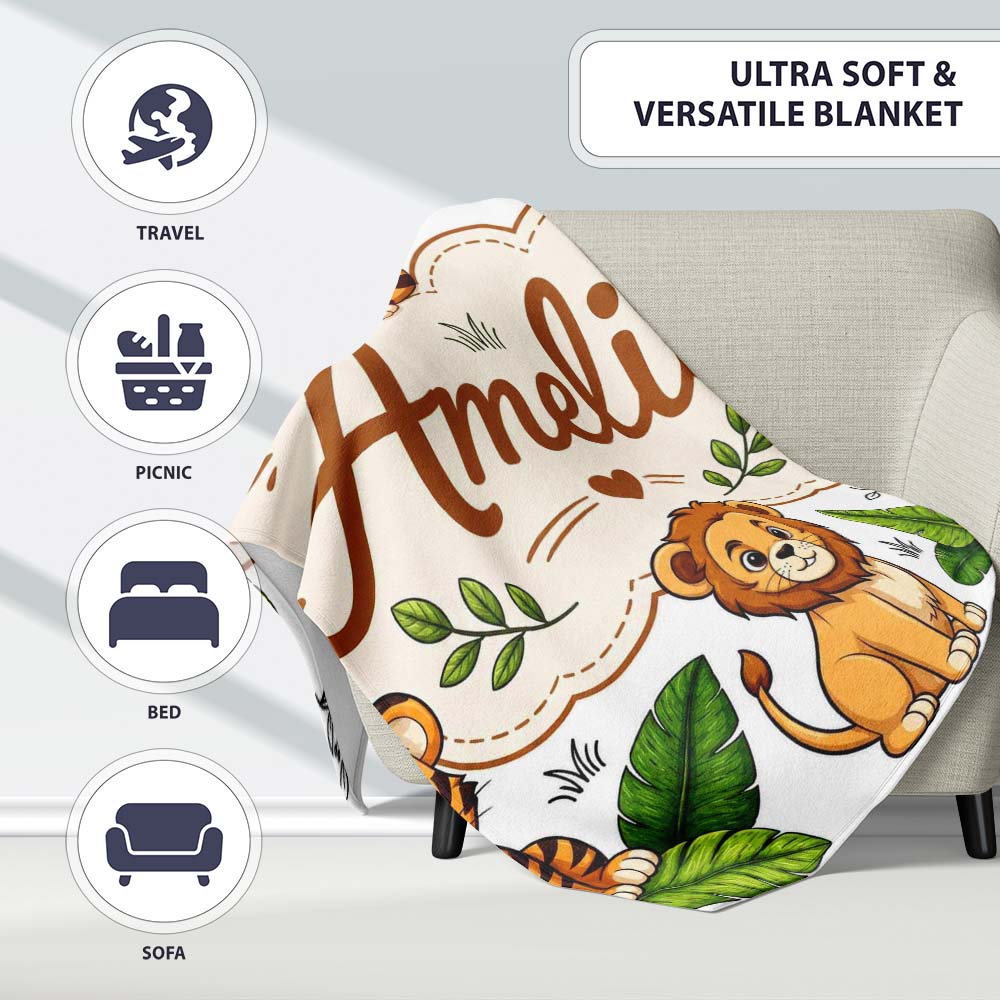 Cute Jungle Animals Lion Tiger Leopard Tropical Leaves Light Grey Personalised Custom Name Super Soft Fleece Blanket Bed Sofa Throw