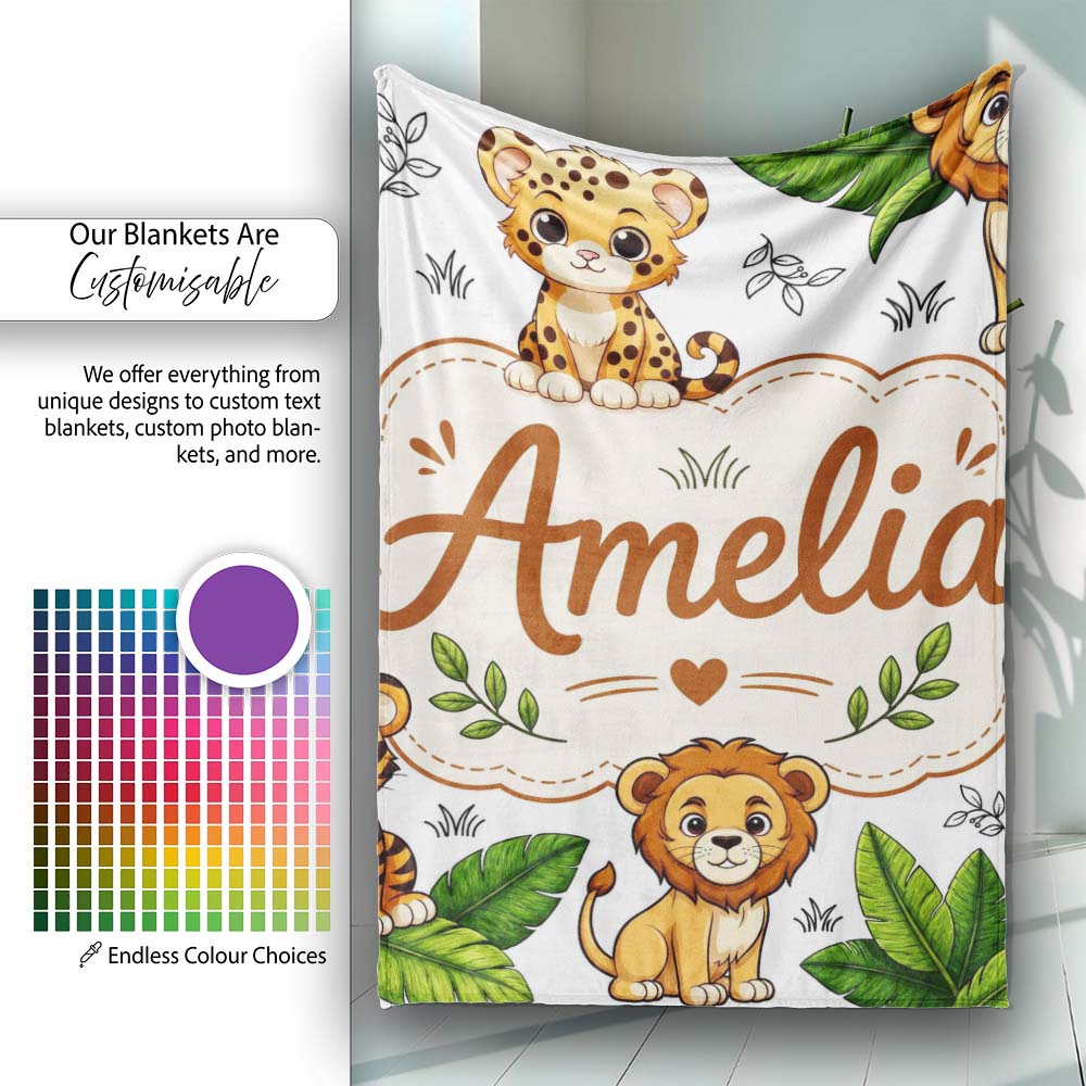 Cute Jungle Animals Lion Tiger Leopard Tropical Leaves Light Grey Personalised Custom Name Super Soft Fleece Blanket Bed Sofa Throw