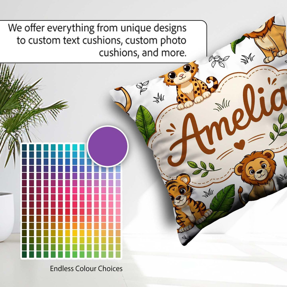 Custom Name Jungle Animals Lion Tiger Tropical Leaves Light Grey Square Filled Cushion Throw Pillow Sofa Bed Home Decor Zip Washable UK Made