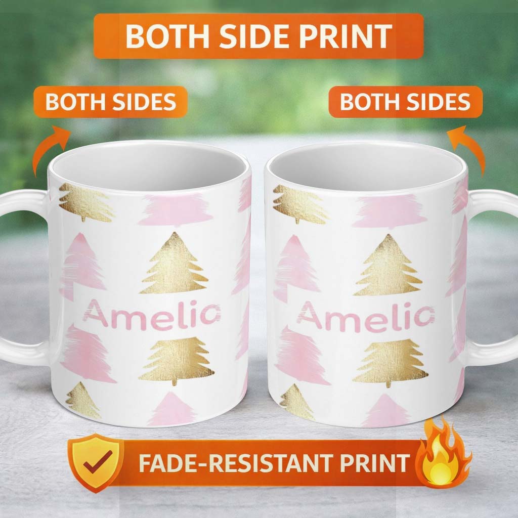Personalized Custom Name Minimal Gold Pink Christmas Tree Seamless Pattern Cute Unique Gift 11oz Ceramic Coffee Tea Mug White Large Handle