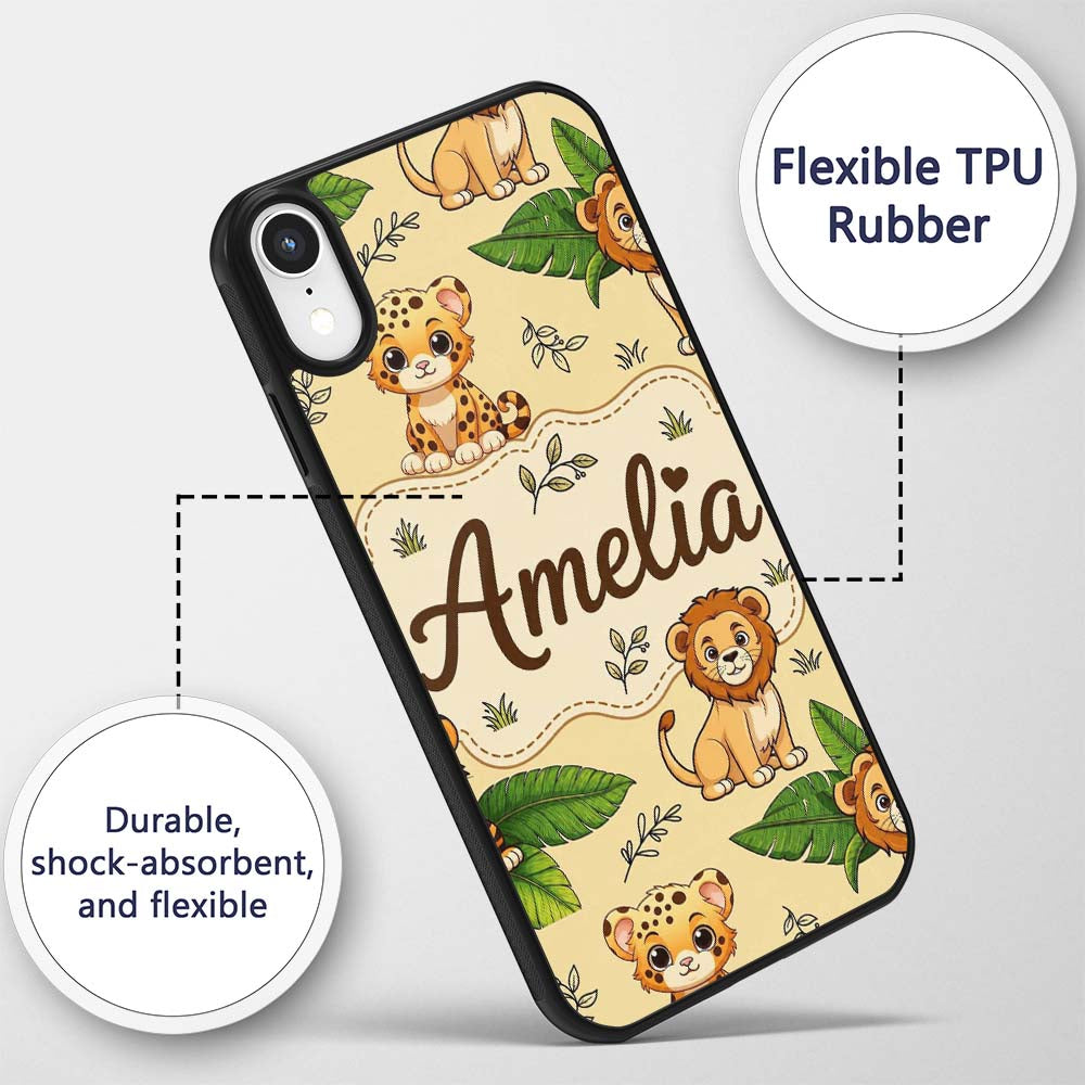 Cute Jungle Animals Lion Tiger Leopard Tropical Custom Name Protective Phone Case Mobile Cover Durable Everyday Smartphone Shock Resistant