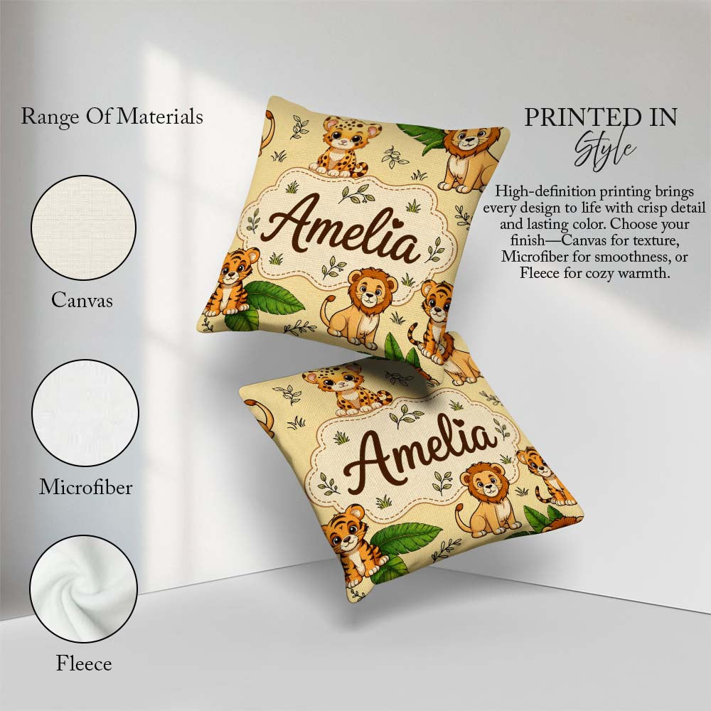 Custom Name Cute Jungle Animals Lion Tiger Tropical Leaves Beige Square Filled Cushion Throw Pillow Sofa Bed Home Decor Zip Washable UK Made