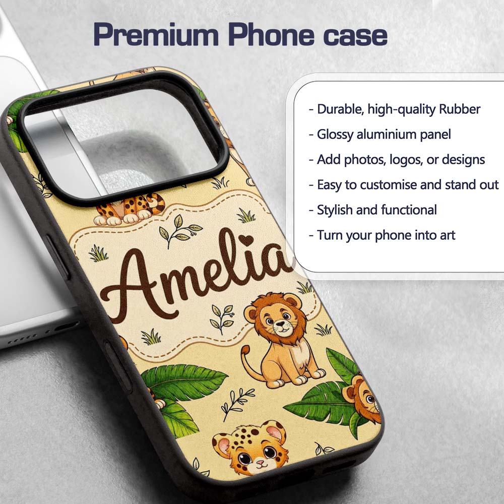 Cute Jungle Animals Lion Tiger Leopard Tropical Custom Name Protective Phone Case Mobile Cover Durable Everyday Smartphone Shock Resistant