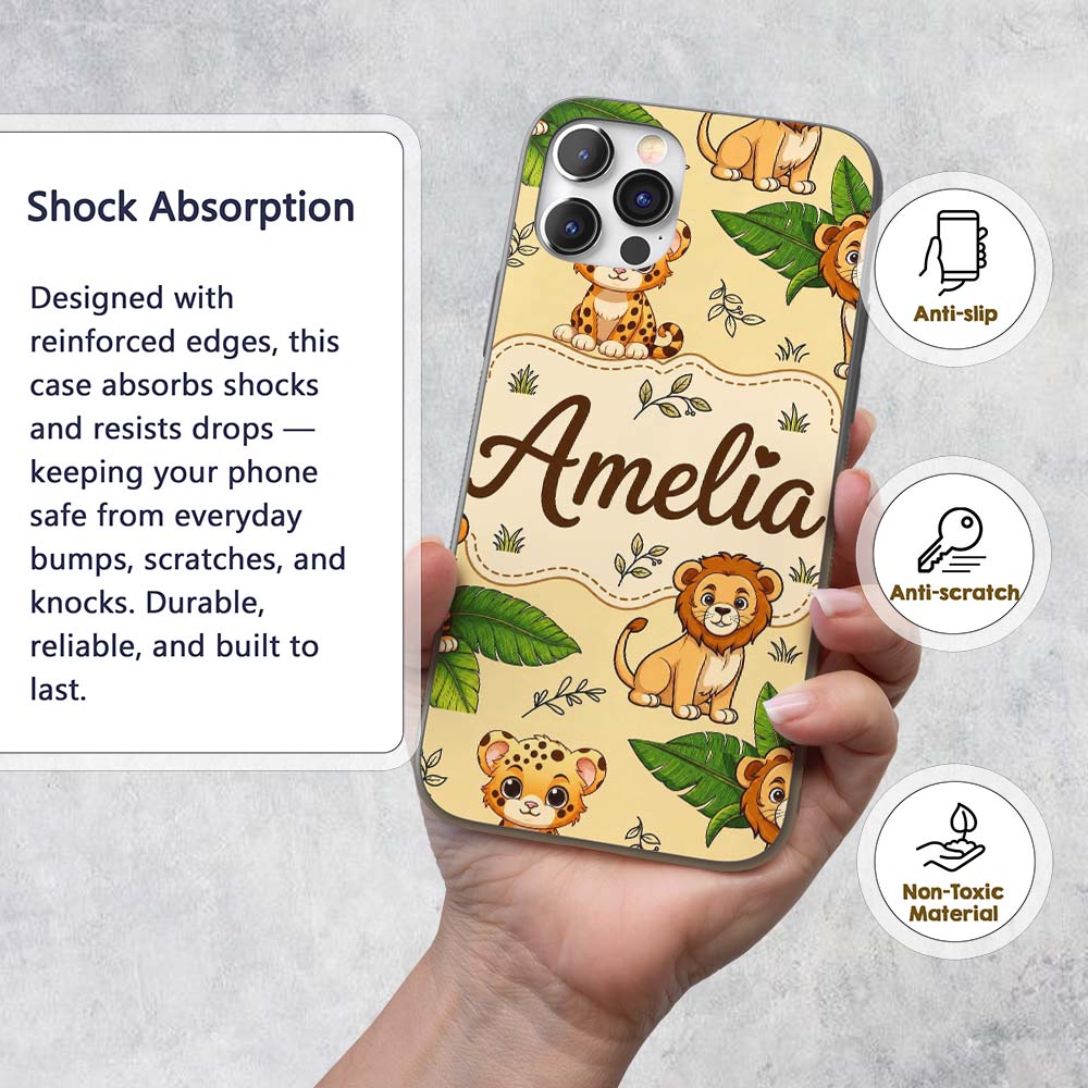 Cute Jungle Animals Lion Tiger Leopard Tropical Custom Name Protective Phone Case Mobile Cover Durable Everyday Smartphone Shock Resistant