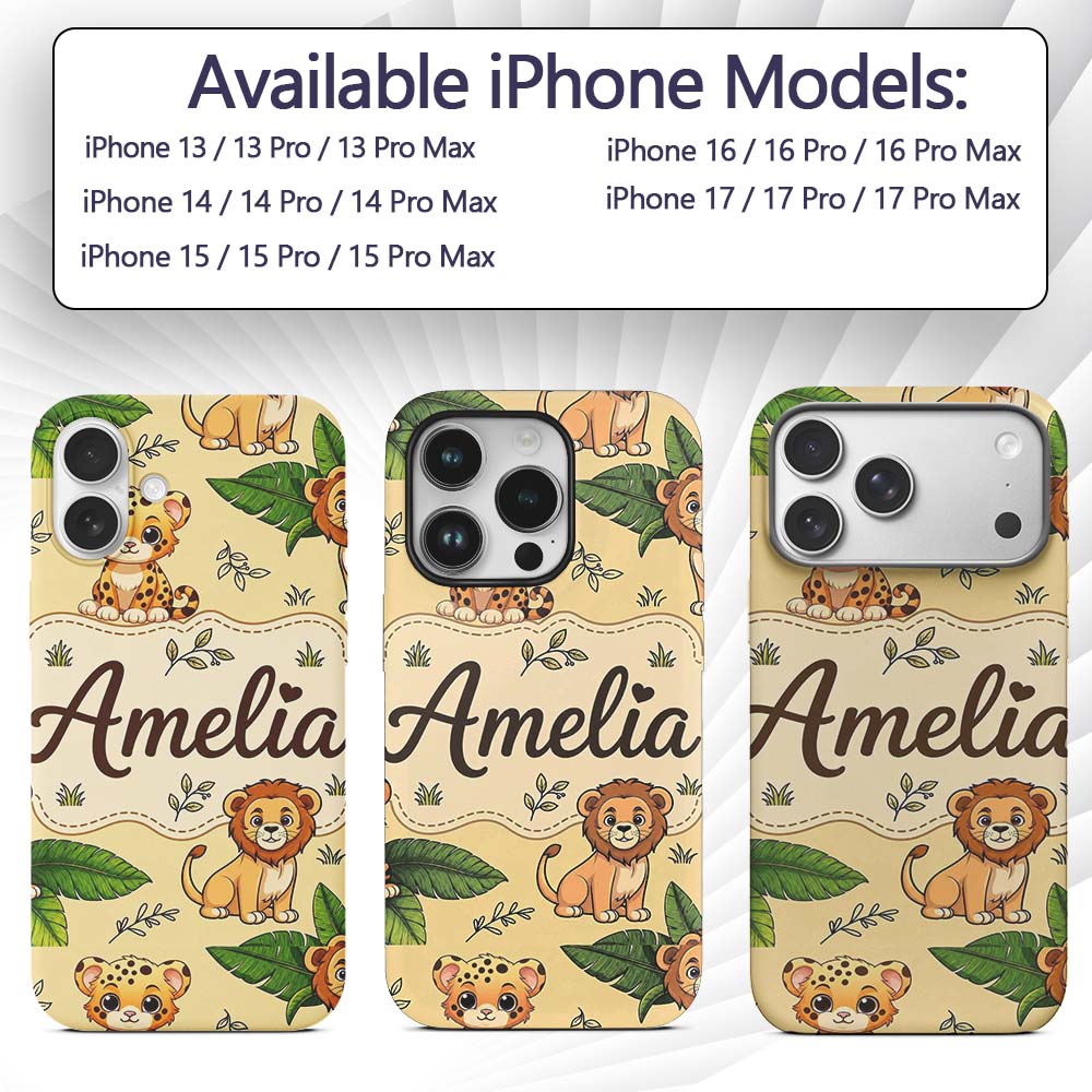 Cute Jungle Animals Lion Tiger Leopard Tropical Custom Name Protective Phone Case Mobile Cover Durable Everyday Smartphone Shock Resistant
