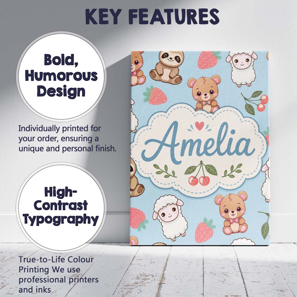Personalised Name Cute Baby Animals Custom Stylish Home Interior Elegant Feature Canvas Wall Art Print Decor Picture Ready to Hang