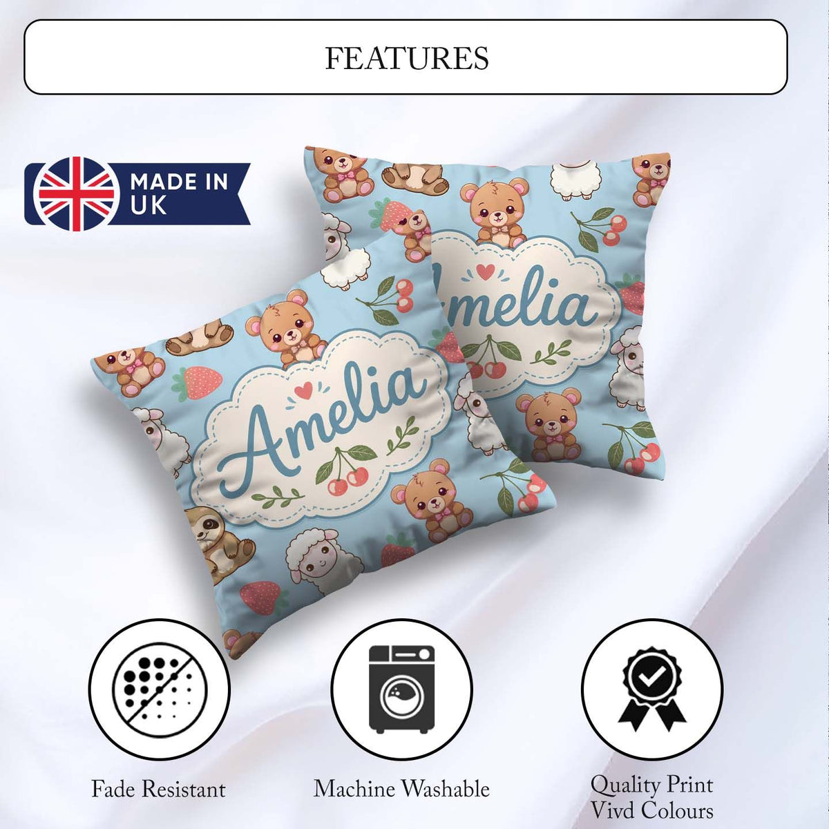 Custom Name Baby Animals Bear Sheep Sloth Strawberry Cherry Blue Square Filled Cushion Throw Pillow Sofa Bed Home Decor Zip Washable UK Made