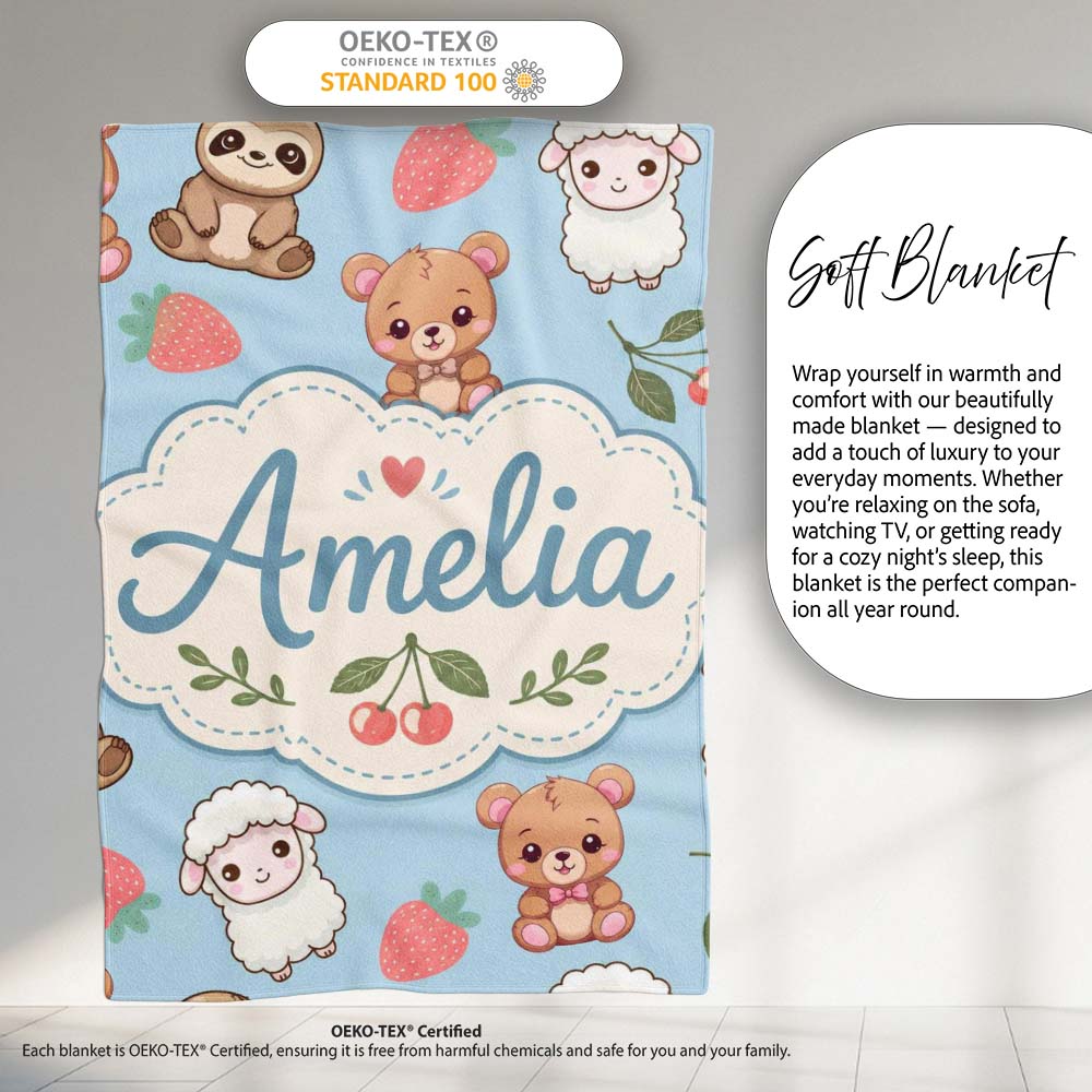 Cute Cute Baby Animals Bear Sheep Sloth Strawberry Cherry Blue Personalised Custom Name Super Soft Fleece Blanket Bed Sofa Throw