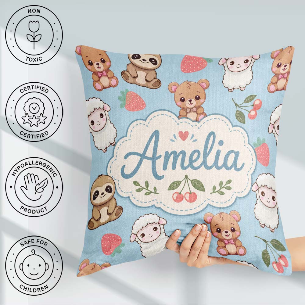Custom Name Baby Animals Bear Sheep Sloth Strawberry Cherry Blue Square Filled Cushion Throw Pillow Sofa Bed Home Decor Zip Washable UK Made