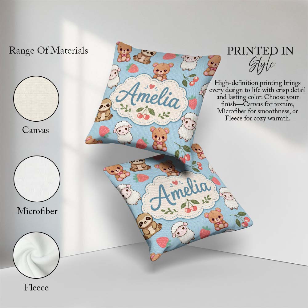 Custom Name Baby Animals Bear Sheep Sloth Strawberry Cherry Blue Square Filled Cushion Throw Pillow Sofa Bed Home Decor Zip Washable UK Made