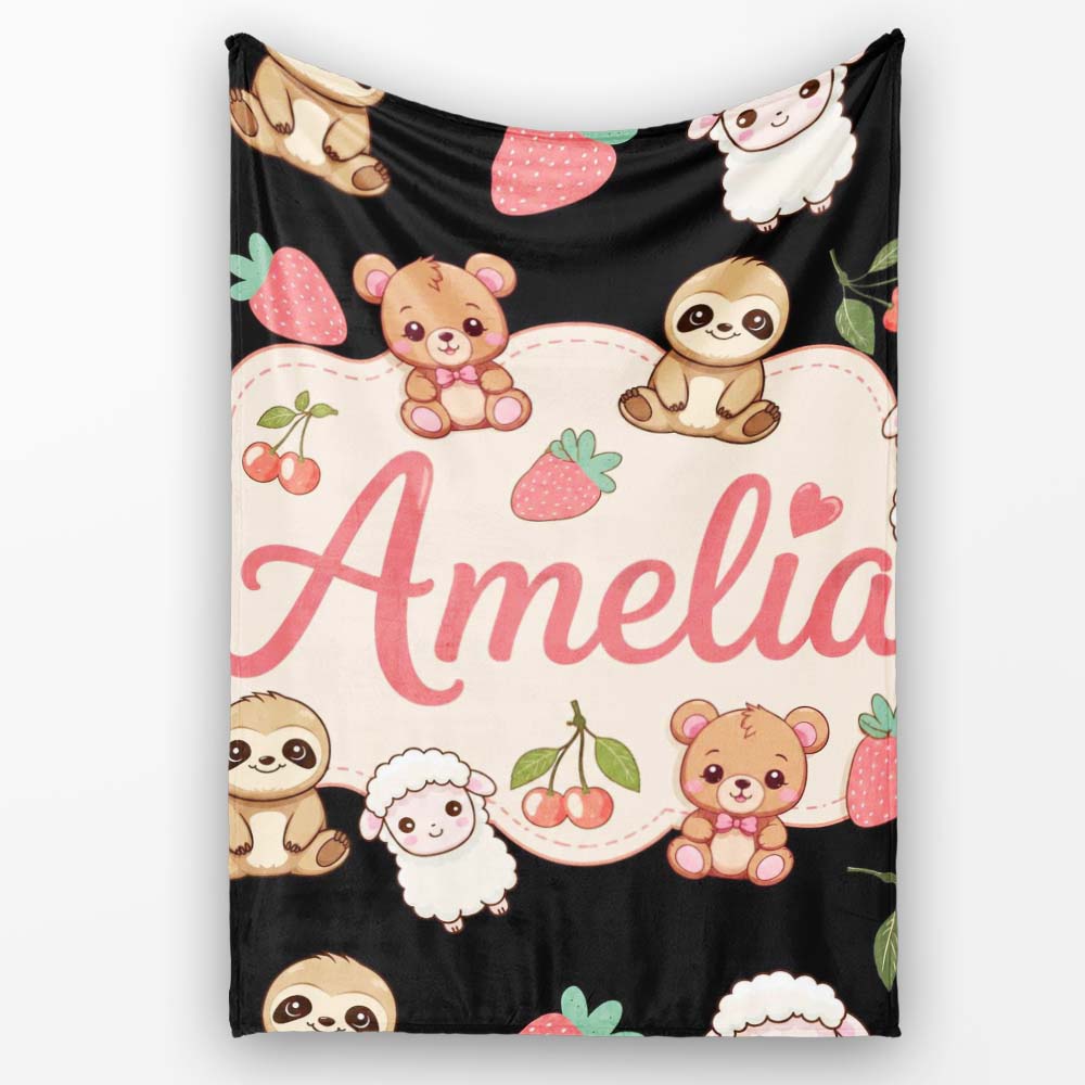 Cute Cute Baby Animals Bear Sheep Sloth Strawberry Cherry Black Personalised Custom Name Super Soft Fleece Blanket Bed Sofa Throw