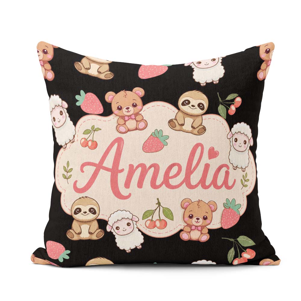 Custom Name Cute Cute Baby Animals Bear Sheep Sloth Cherry Black Square Filled Cushion Throw Pillow Sofa Bed Home Decor Zip Washable UK Made