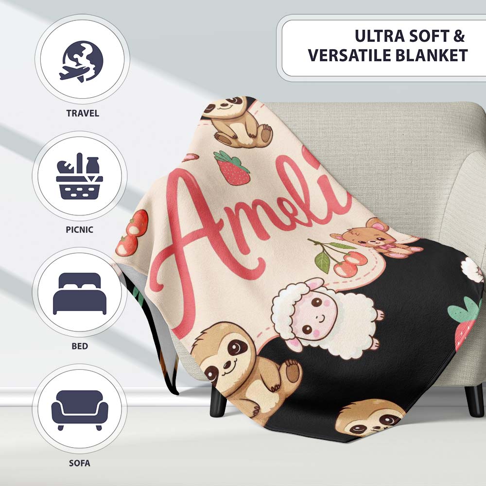 Cute Cute Baby Animals Bear Sheep Sloth Strawberry Cherry Black Personalised Custom Name Super Soft Fleece Blanket Bed Sofa Throw